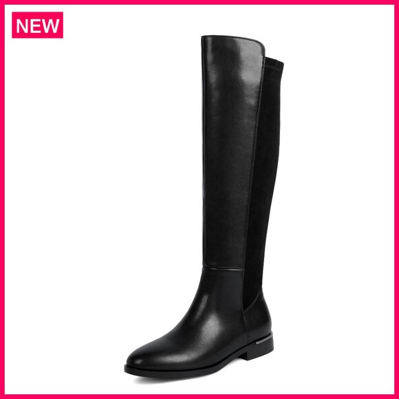 Women's Knee High Boots Flat Heel Side Zipper Stretchy PU Leather Tall Boots